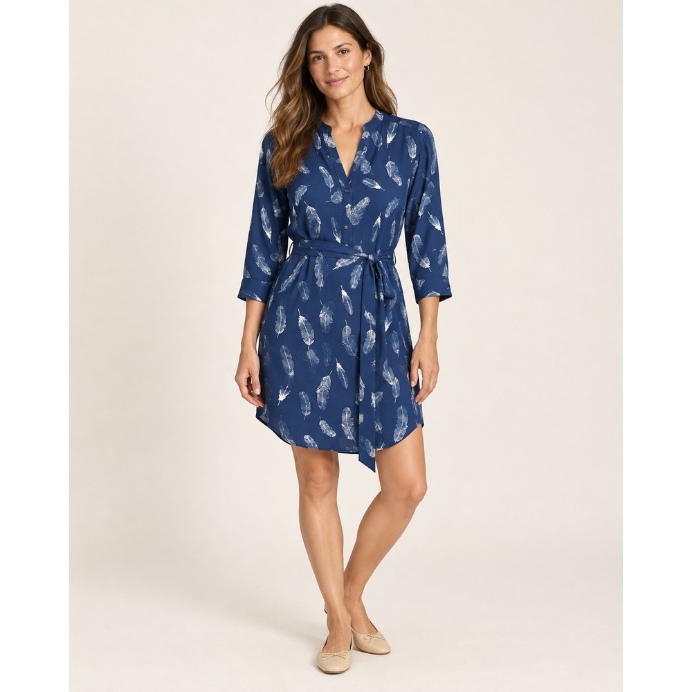 Banana Republic Women Feather Print Shirt Dress 00P Navy Blue Petite Belted Mini